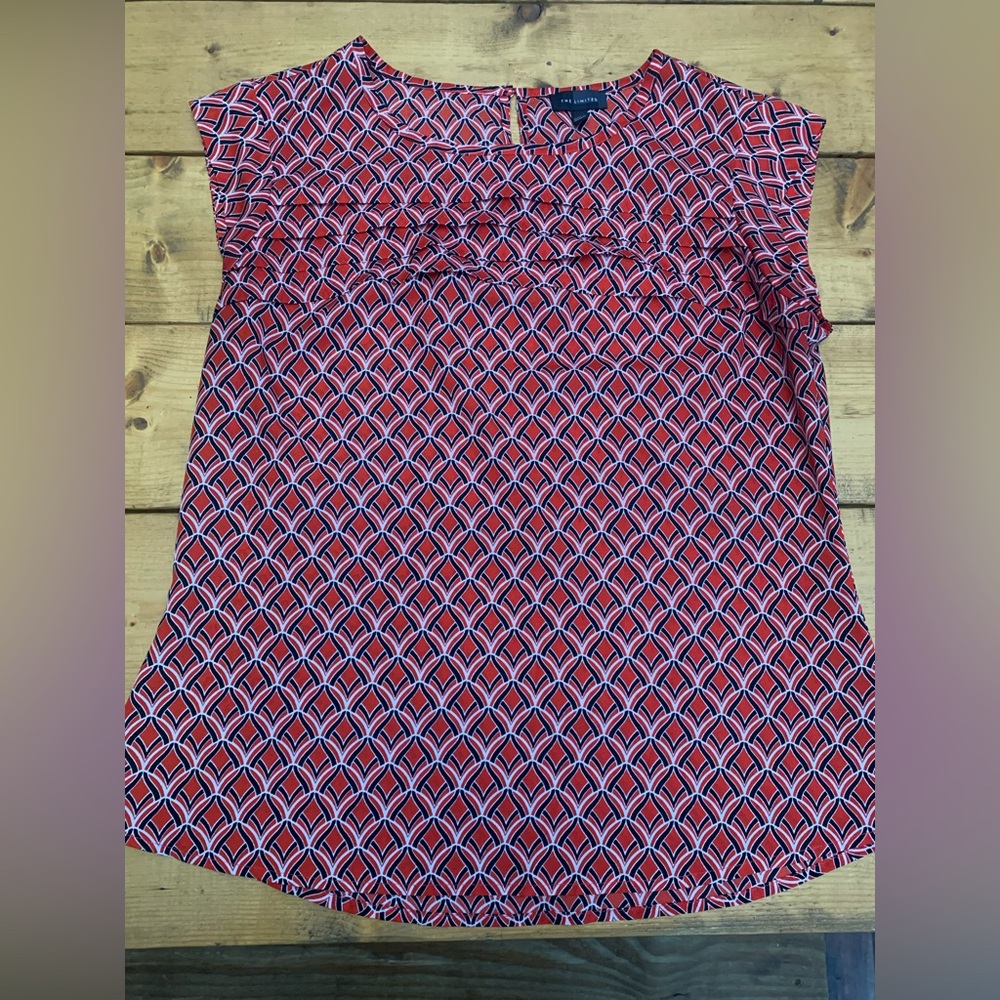 The Limited Red Geometric Cap-Sleeve Blouse